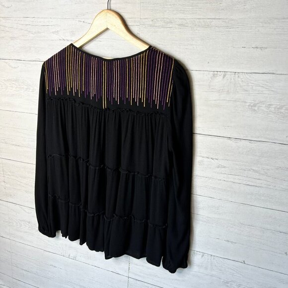 Savanna Jane Blouse Womens Size Medium Black Tiered Colorful Embroidered Stripes - Picture 11 of 15